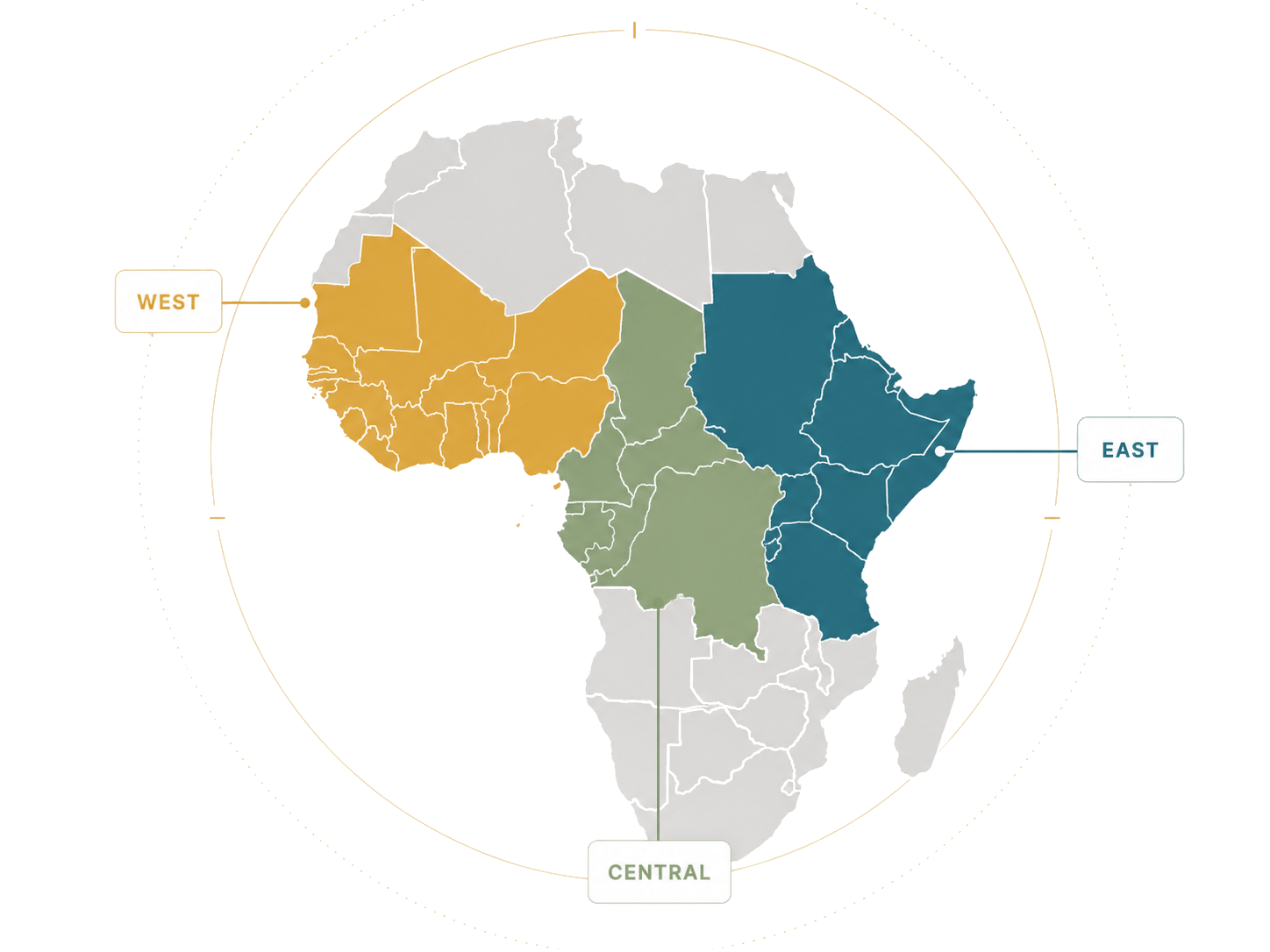 Map of Africa highlighting West, Central and East Africa — TDF Consultants' regional coverage as IQA Awards UK Regional Coordinator